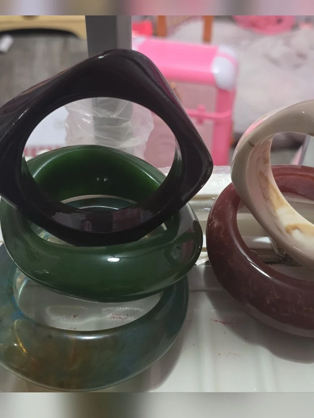 Resin Stackable Bangle Set - Green, Brown, Ivory, Dark Plum